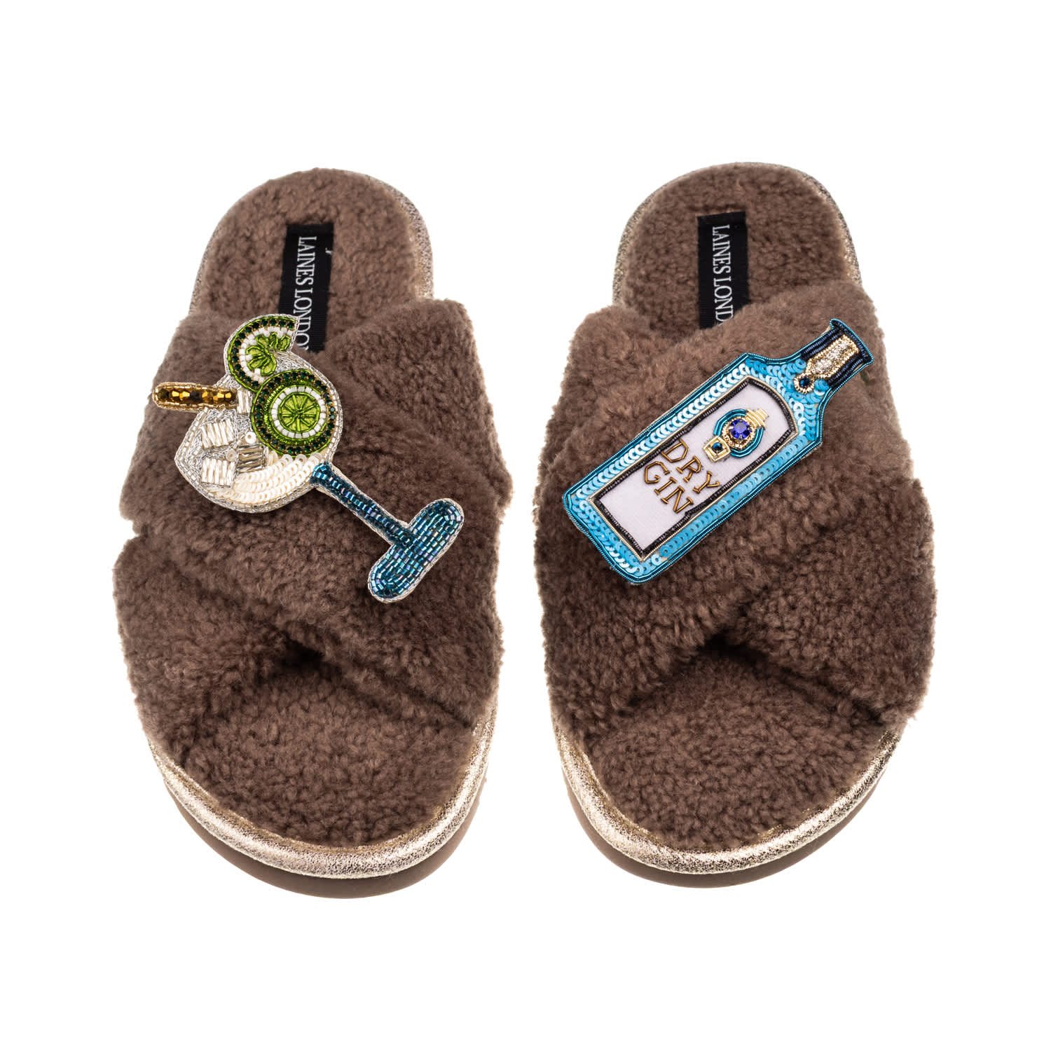Laines London Women's Brown / Neutrals Laines Neutral Boucle Slippers With Sapphire Gin & Glass Brooches - Mink