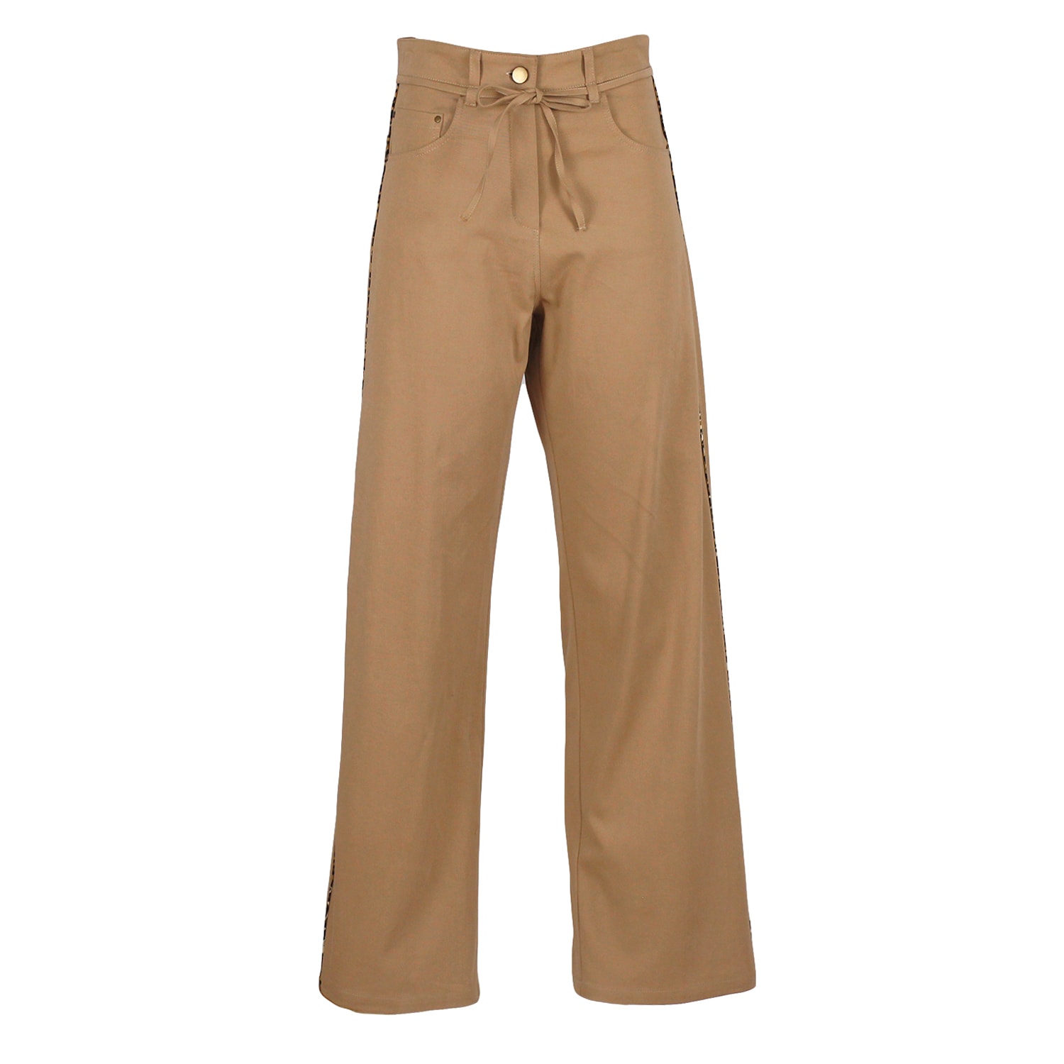 Lalipop Design Women's Neutrals Wide-leg Tan Cotton Pants With Leopard Piped Trim In Brown