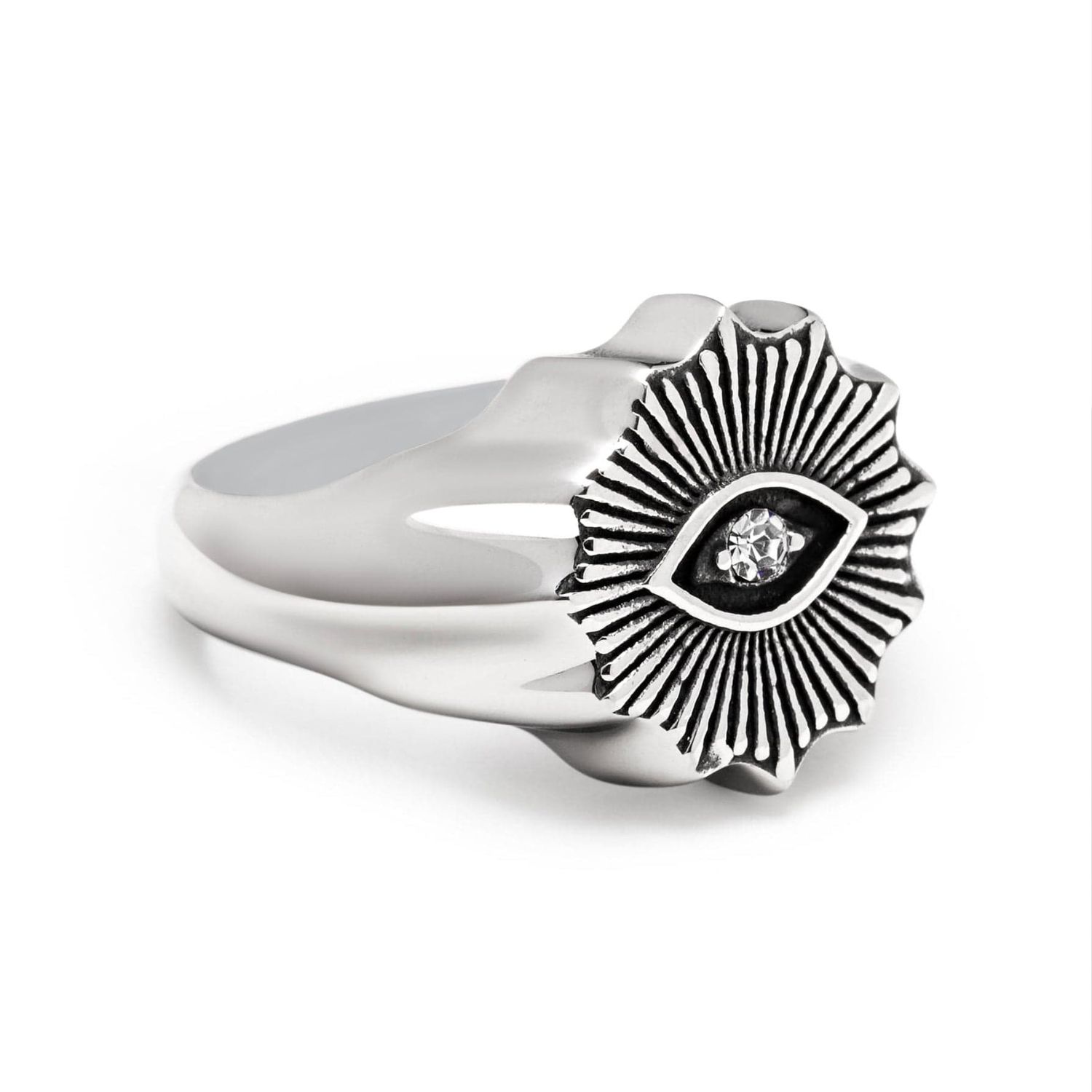 Nialaya Silver Men's Vintage Evil Eye Ring With Clear Crystal