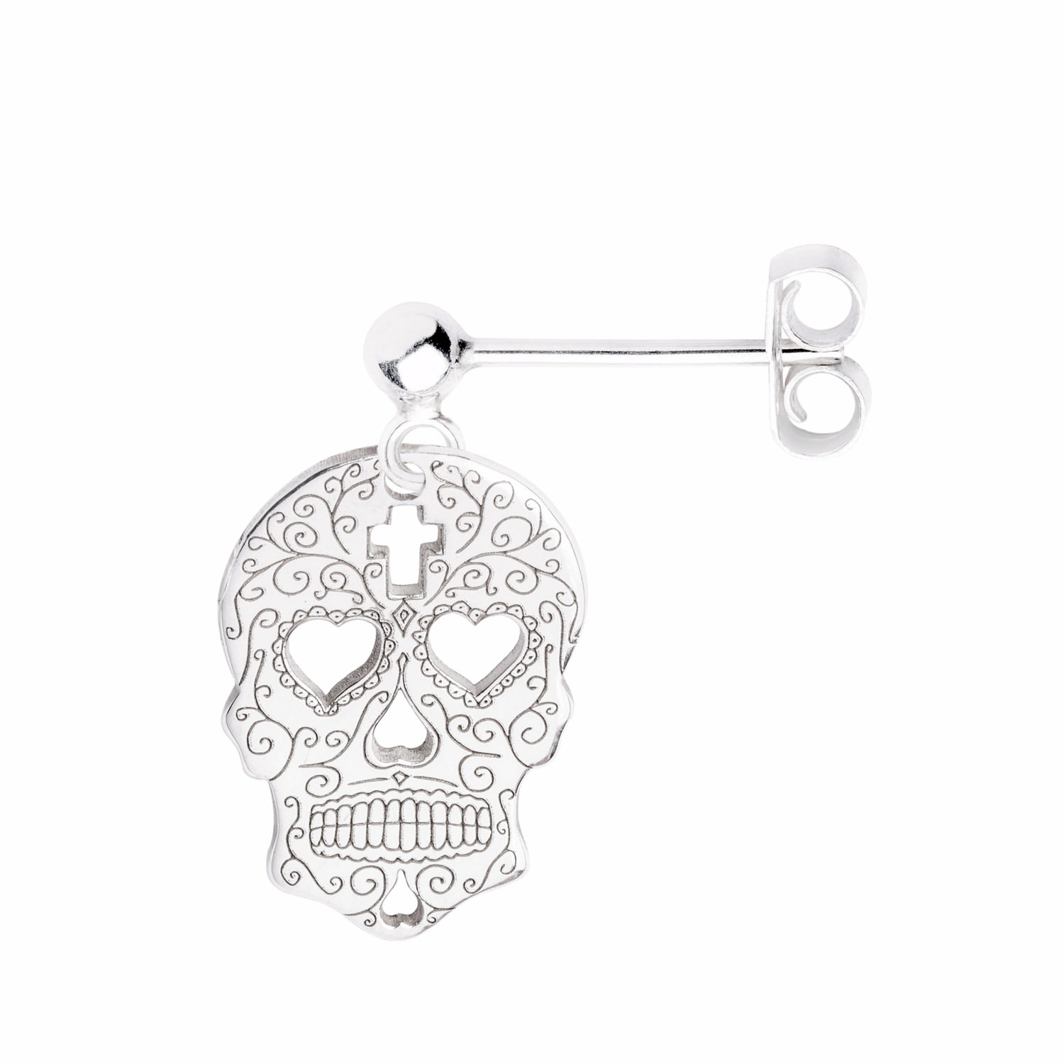 Women’s Silver Sugar Skull With Heart Eyes Single Short Drop Earring Cartergore