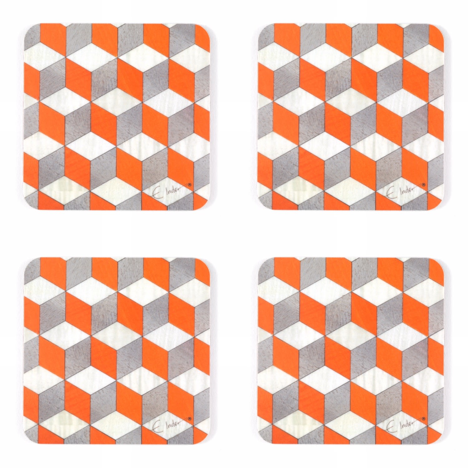 E. Inder Designs Yellow / Orange / White Four Coasters In Vibrant Tangerine White & Light Grey. In A Bold Geometric P