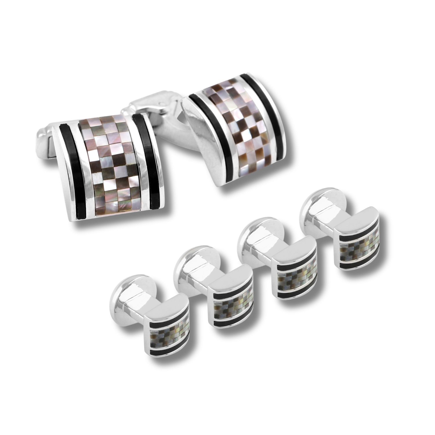 Men's Silver Thompson D-Shape Black Mother Of Pearl Mosaic Cufflink And Studs Set | Tateossian London