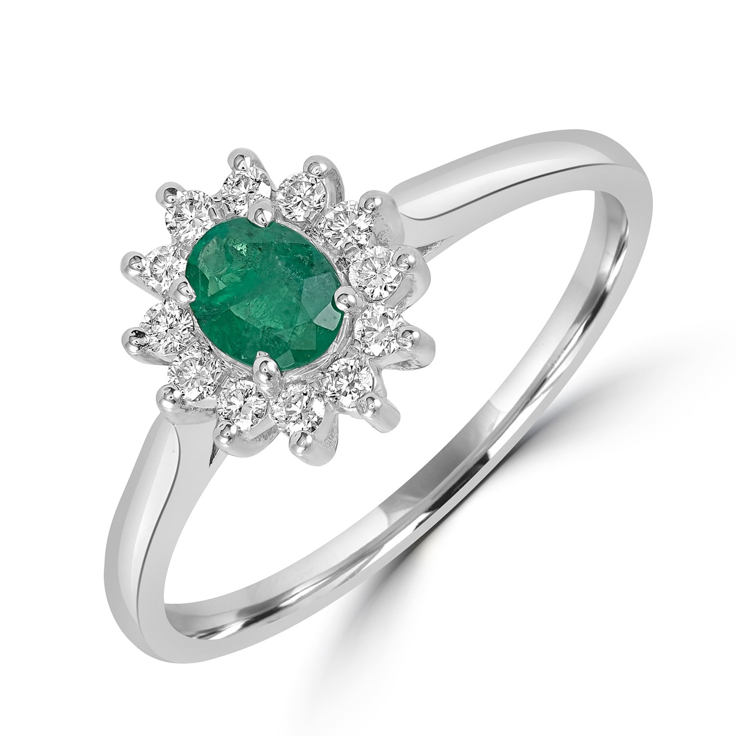 Artisan Women's White / Green Oval Cut Emerald Prong Diamond Band Ring In 18k White Gold