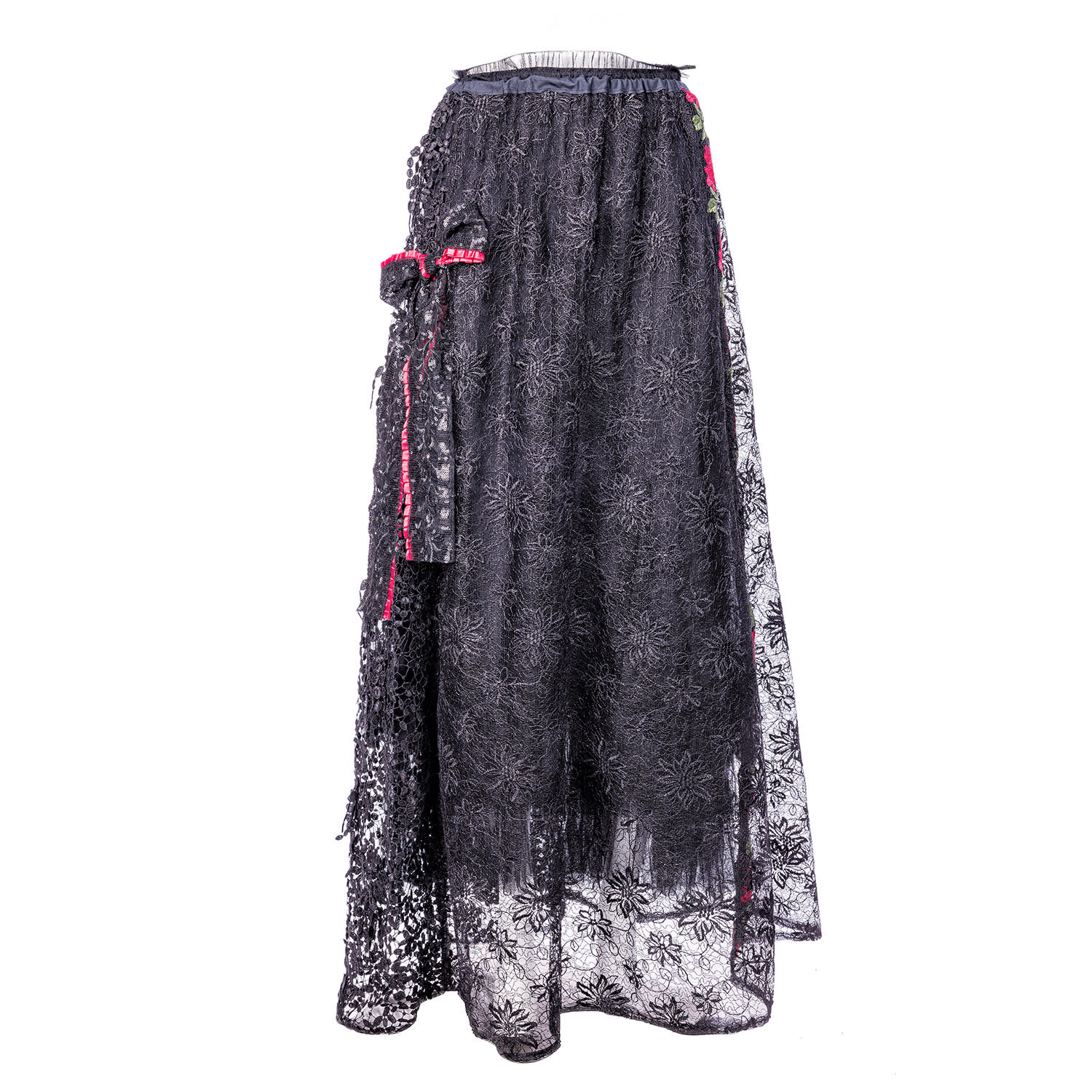 Harlow Loves Daisy Women's Black / Red Jezebel - Exquisite Black Multi Sparkle Lace Skirt With Red Rose Trim In Black/red