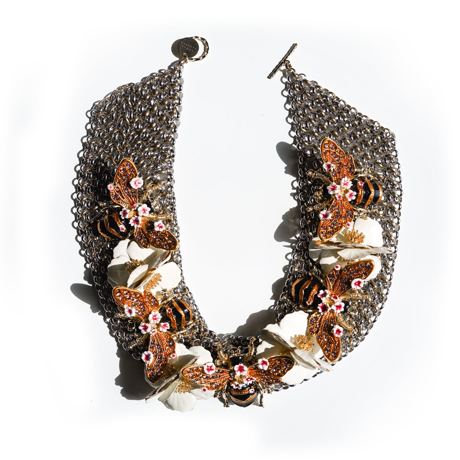 Women's Silver / Gold Edgar Navarro Chainmail Necklace With Hand-Painted Brass Bees & Flowers | Edgar Navarro Jewelry