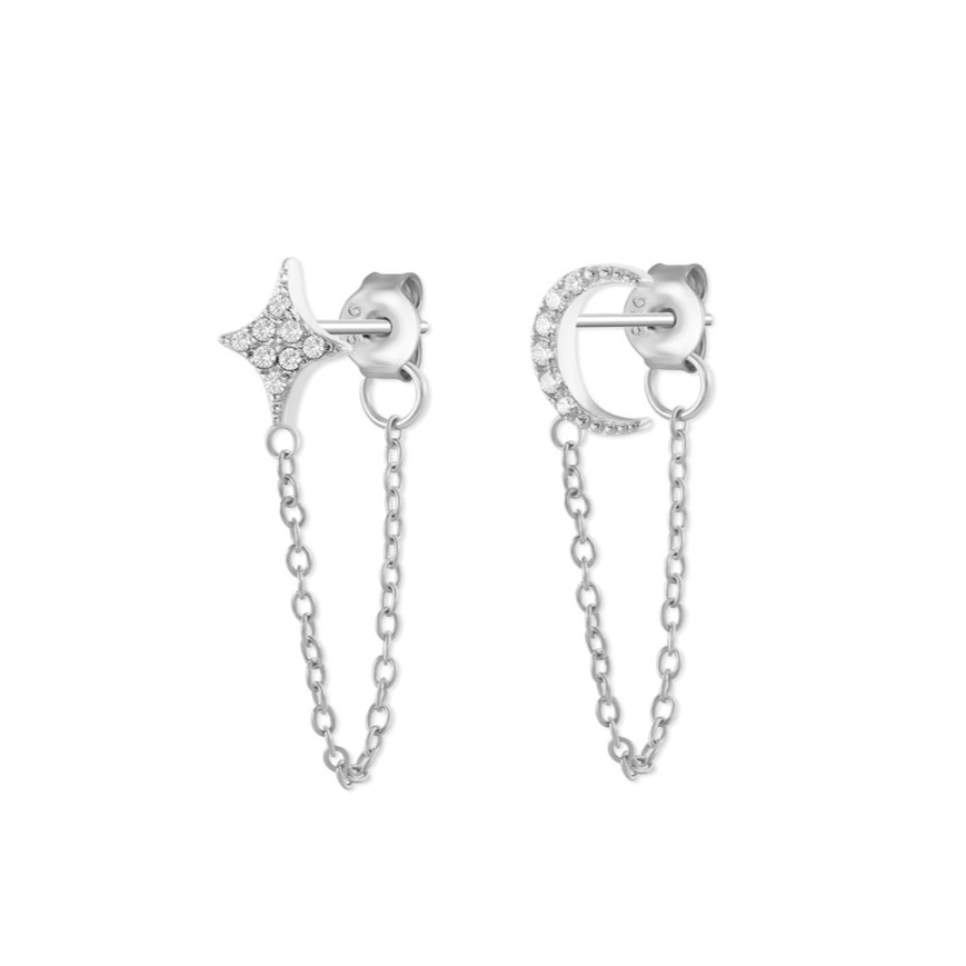 Gold Trip Women's Crystal Star & Moon Chain Earrings In Silver