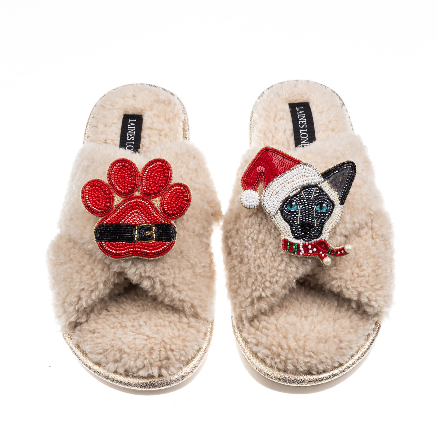 Laines London Women's Brown / Neutrals Laines Boucle Slippers With Christmas Black & White Siamese Cat & Paw Brooc In Brown