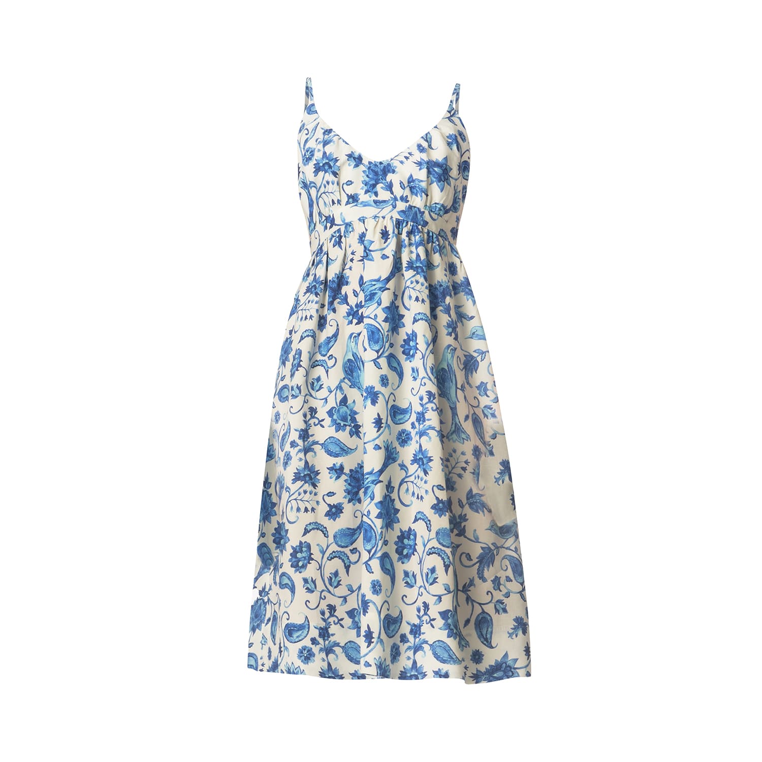 Haris Cotton Women's Printed Linen Blend Dress With Straps Blue Birds In Blue