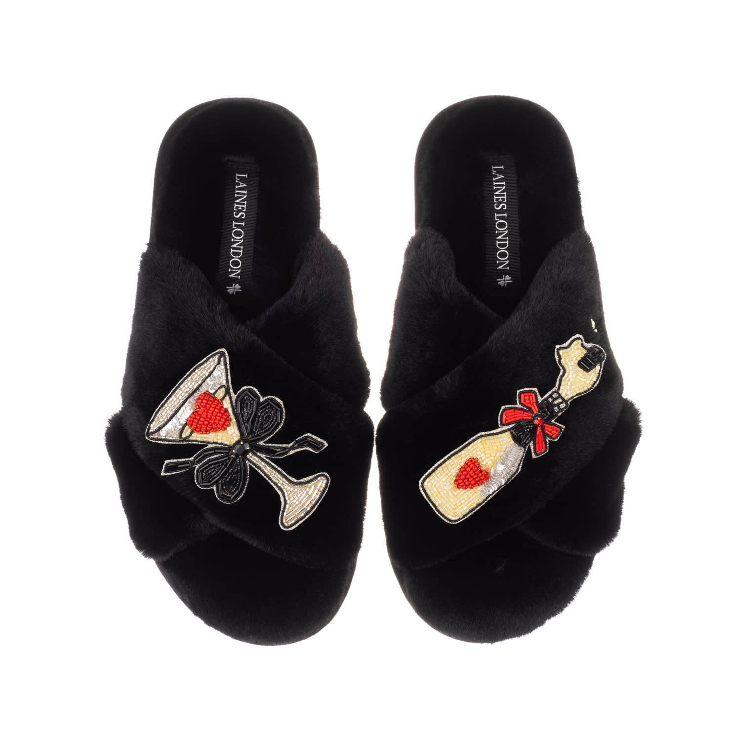 Women's Classic Laines Slippers With Popping Champagne Brooches - Black | Small | Laines London