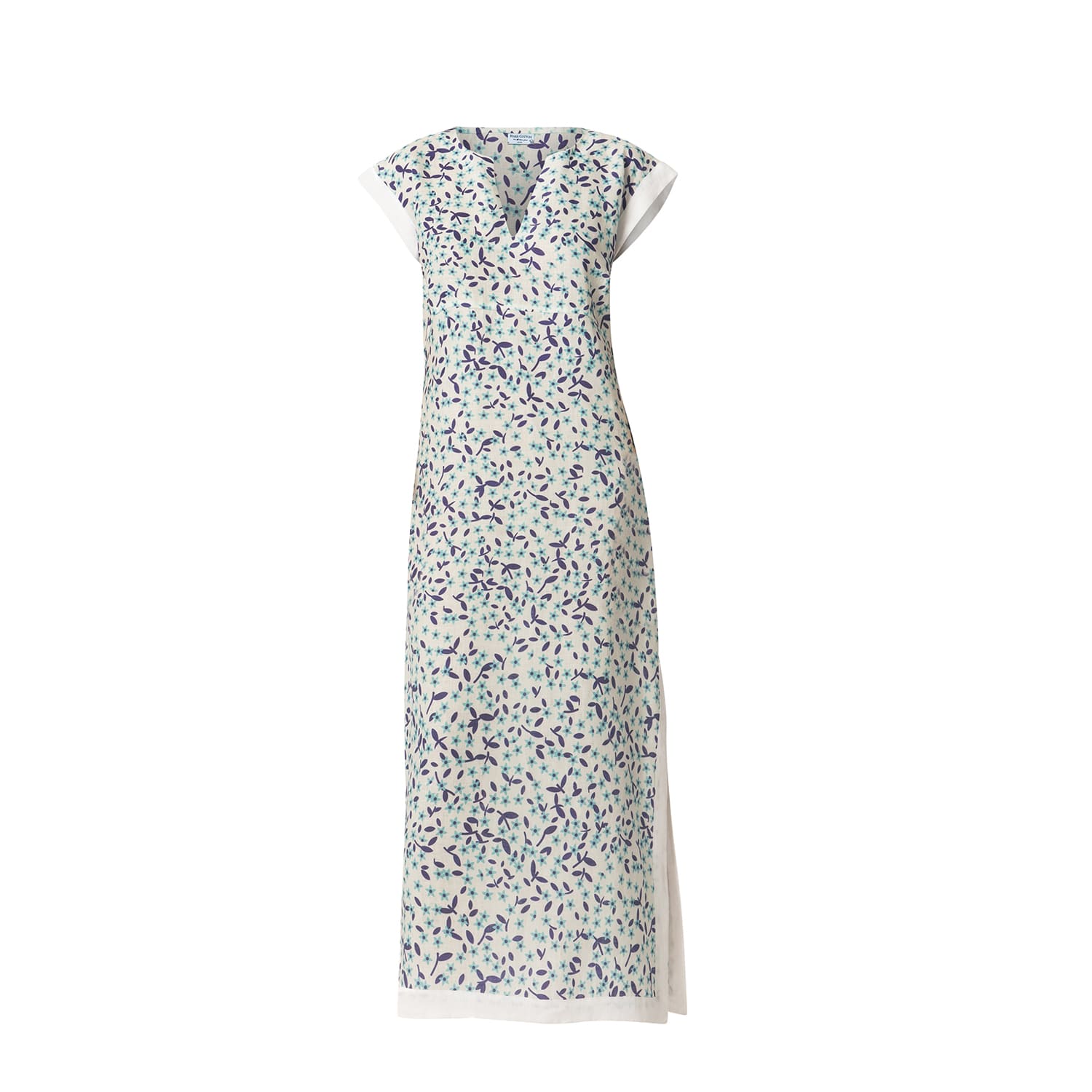 Haris Cotton Women's Blue / White Printed Linen Maxi Dress With Slits And White Details Blue Starflowers In White/blue