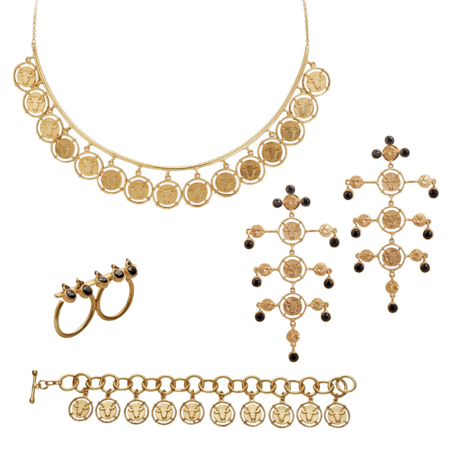 Dhwani Bansal Women's Black / Gold Gold Inka Earrings, Necklace, Bracelet And Double Ring Gift Set With Glass Gems