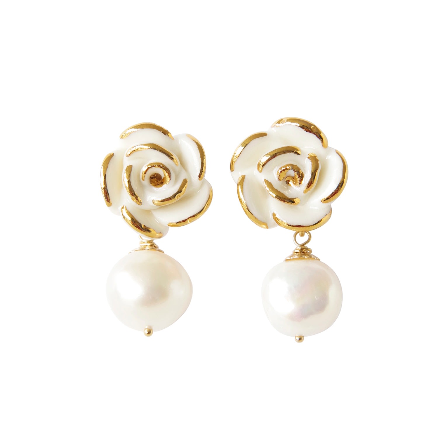 Women’s White / Gold Golden White Cloud Rose Pearl Drop Earrings Poporcelain