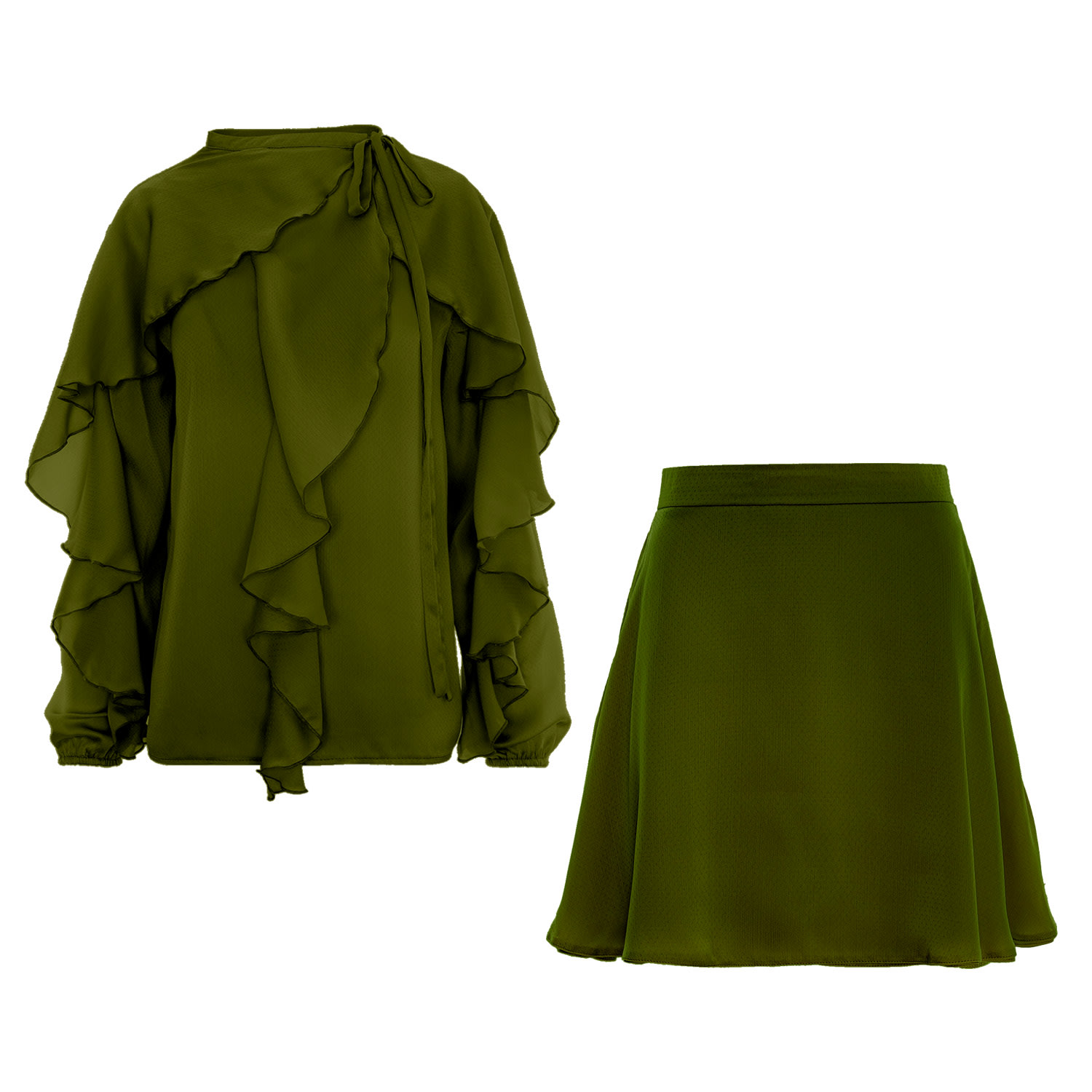 Bluzat Green Ruffle Two-piece Set With Tie-neck Blouse In Green