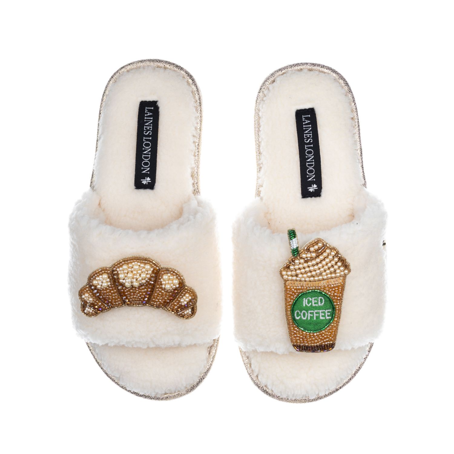 Laines London Women's White Teddy Toweling Slipper Sliders With Iced Coffee & Croissant Brooches - Cream In White