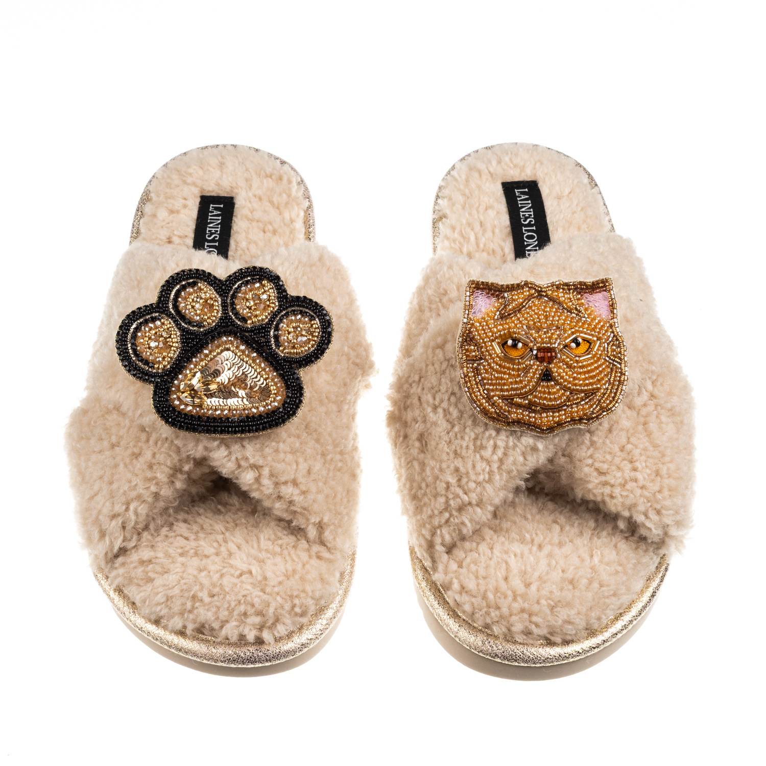 Laines London Women's Brown / Neutrals Boucle Slippers With Paw & Ginger Persian Cat Brooches - Oatmeal In Brown