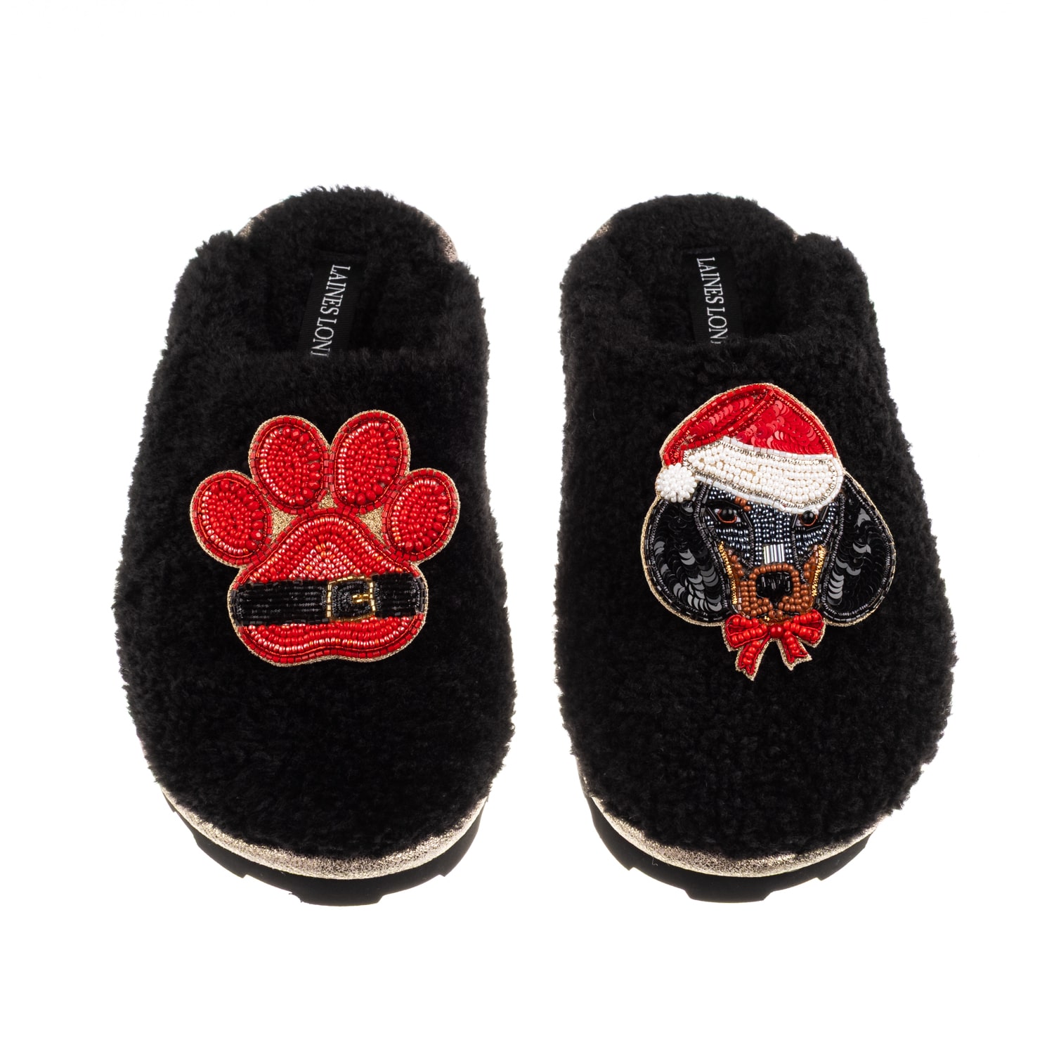 Laines London Women's Teddy Closed Toe Slippers With Christmas Dachshund & Paw Brooches - Black In Black