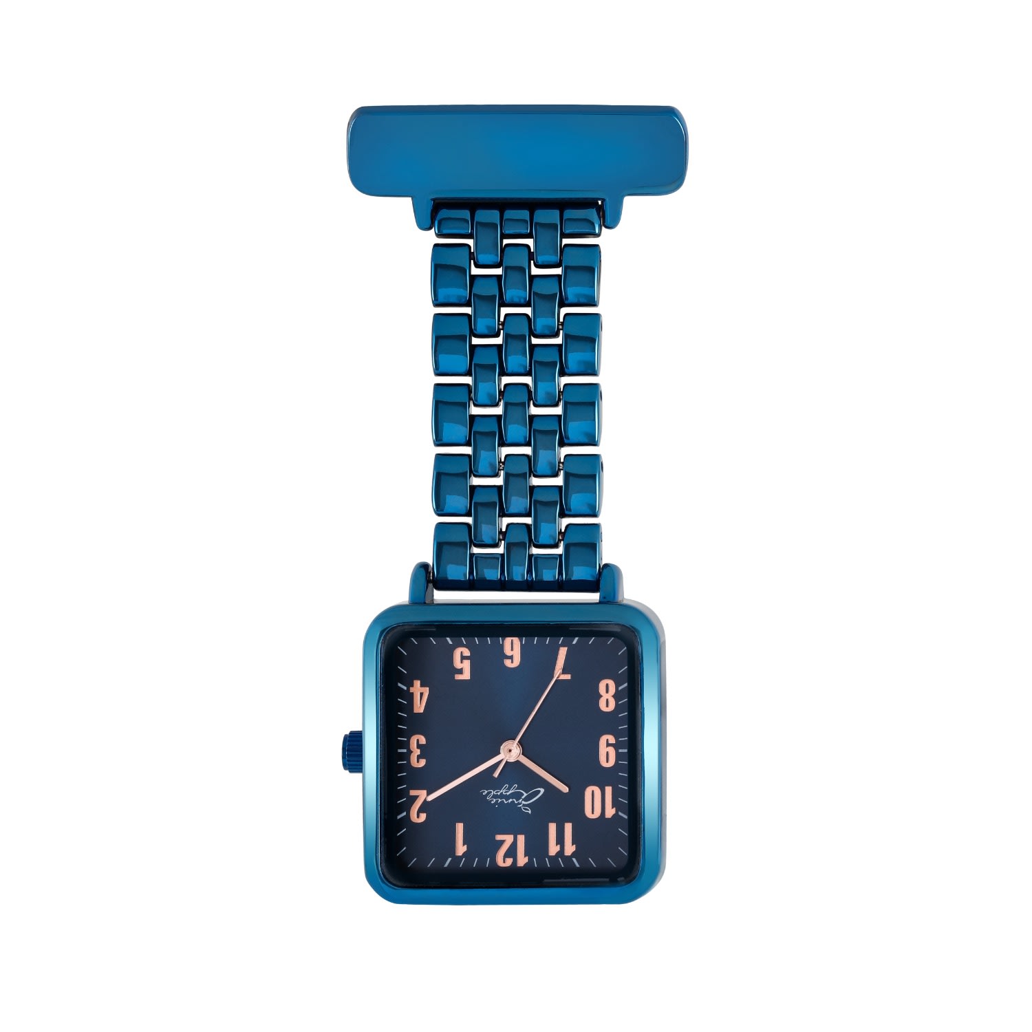 Bermuda Watch Company Women's Annie Apple Square Rose Gold/blue Link Bracelet Nurse Fob Watch In Blue
