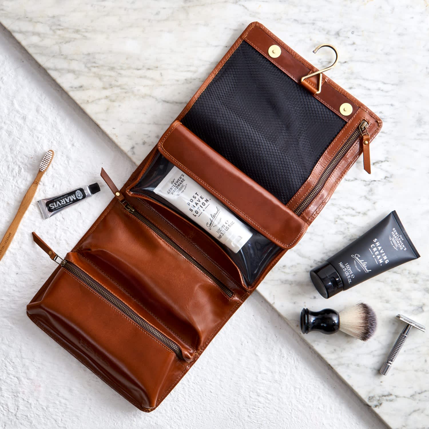 Leather hanging wash bag sale