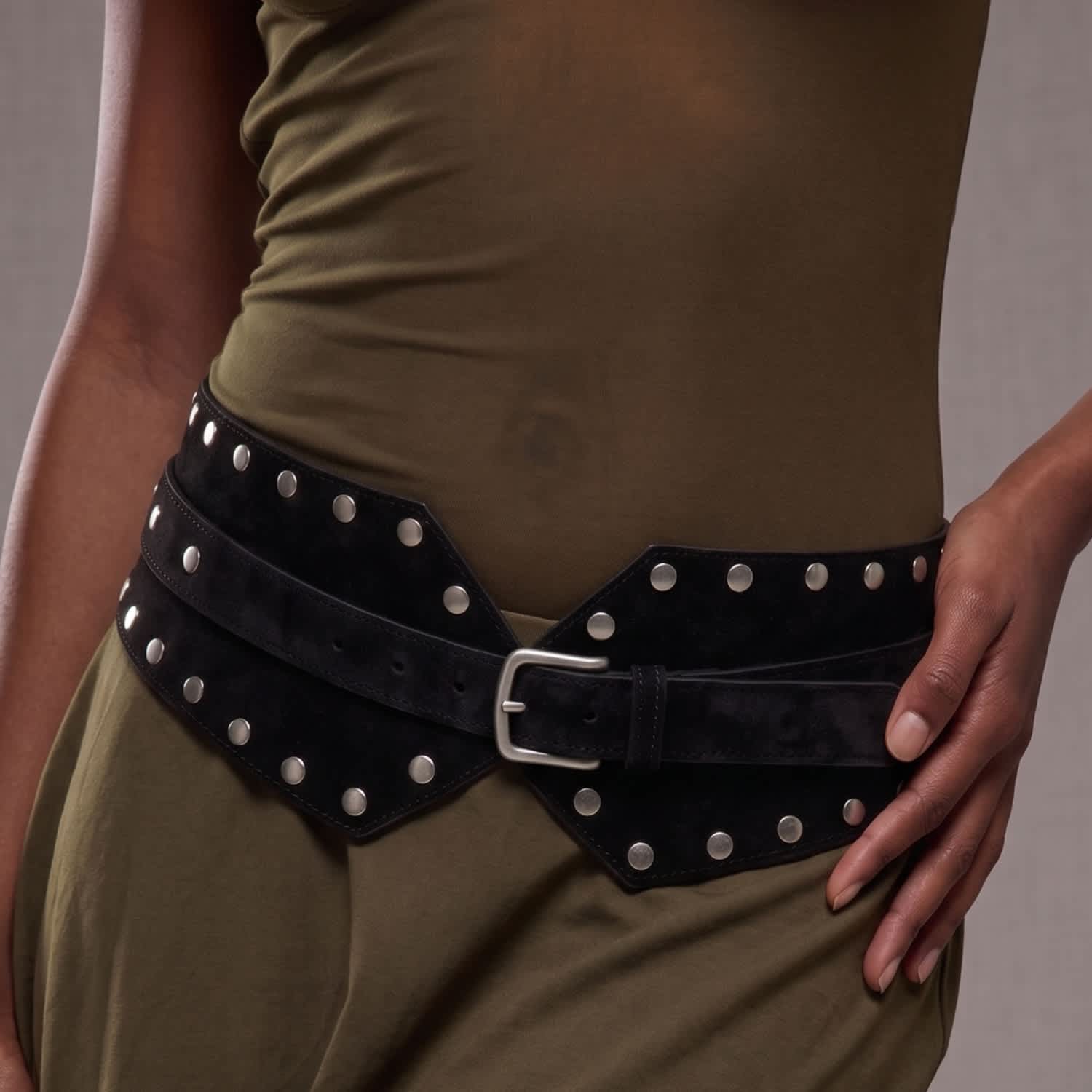 Black Suede Wide Belt With Silver Studs | JUAN-JO | Wolf & Badger