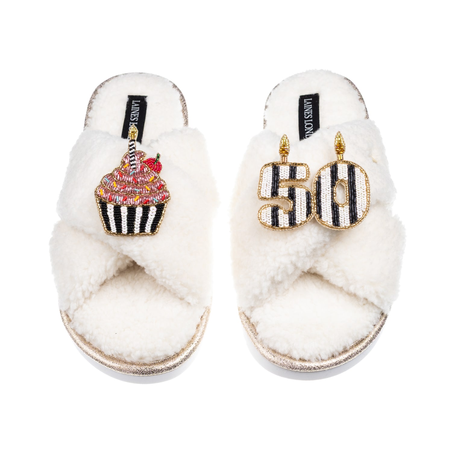 Laines London Women's Neutrals / White Laines Neutral Boucle Slippers With Stripe 50th Birthday & Cake Brooches - 