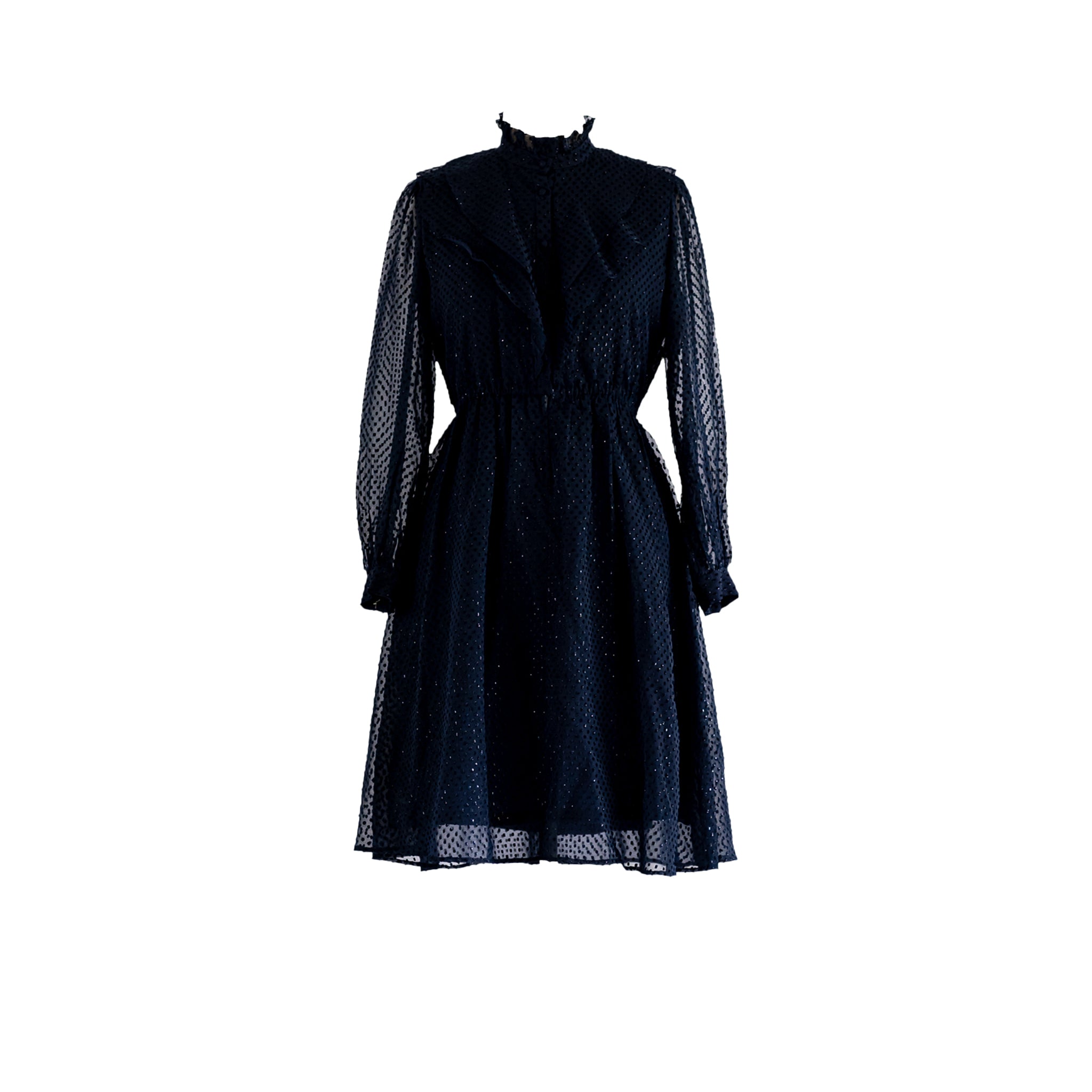 Sugar Cream Vintage Women's Vintage Chiffon Cuff Sleeved Navy Blue Midi Dress In Blue