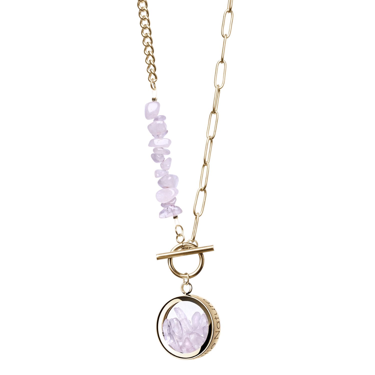 My Little Nature Women's Pink / Purple / Gold Rose Quartz Necklace With Gold Plated Beaded Chain - Handmade Jewelery 