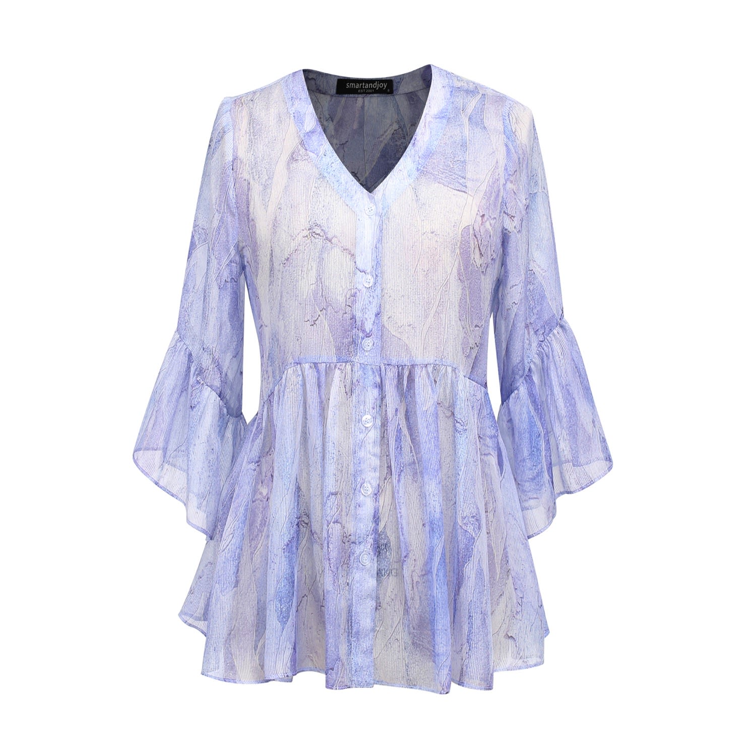 Smart And Joy Women's Blue Chiffon Shirt With Tulip Sleeves And Abstract Print In Blue