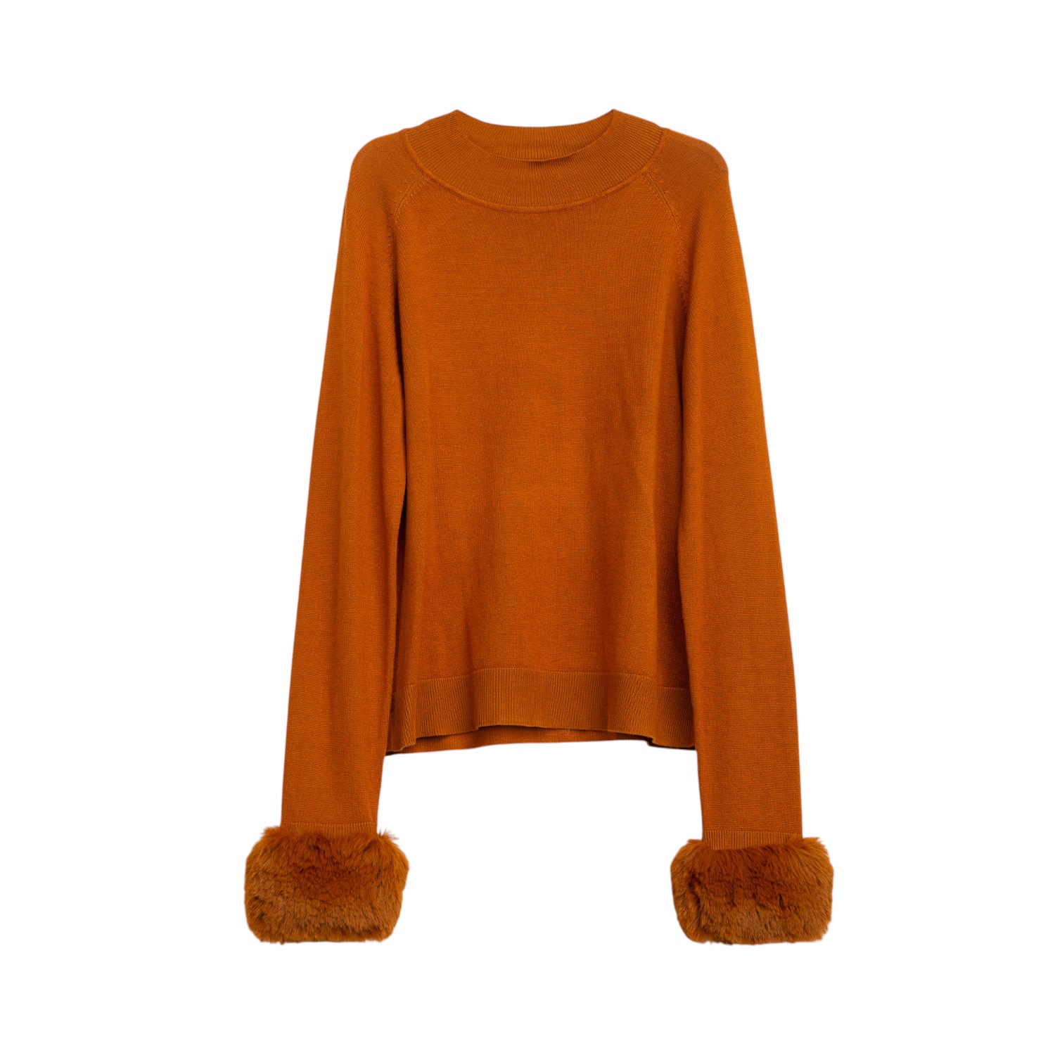 Niza Women's Brown Sweater With Sleeves Finished With A Wide Synthetic Fur Cuff In Orange