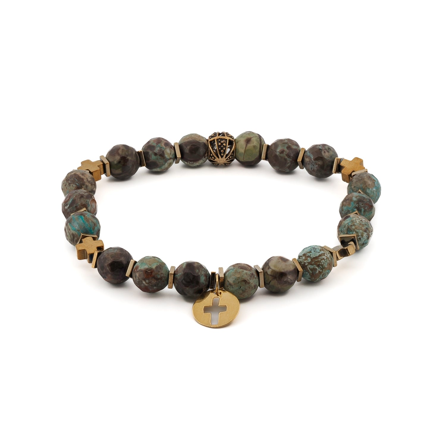 Women’s Silver / Gold / Brown African Turquoise Gold Cross Charm Beaded Bracelet - Brown Ebru Jewelry