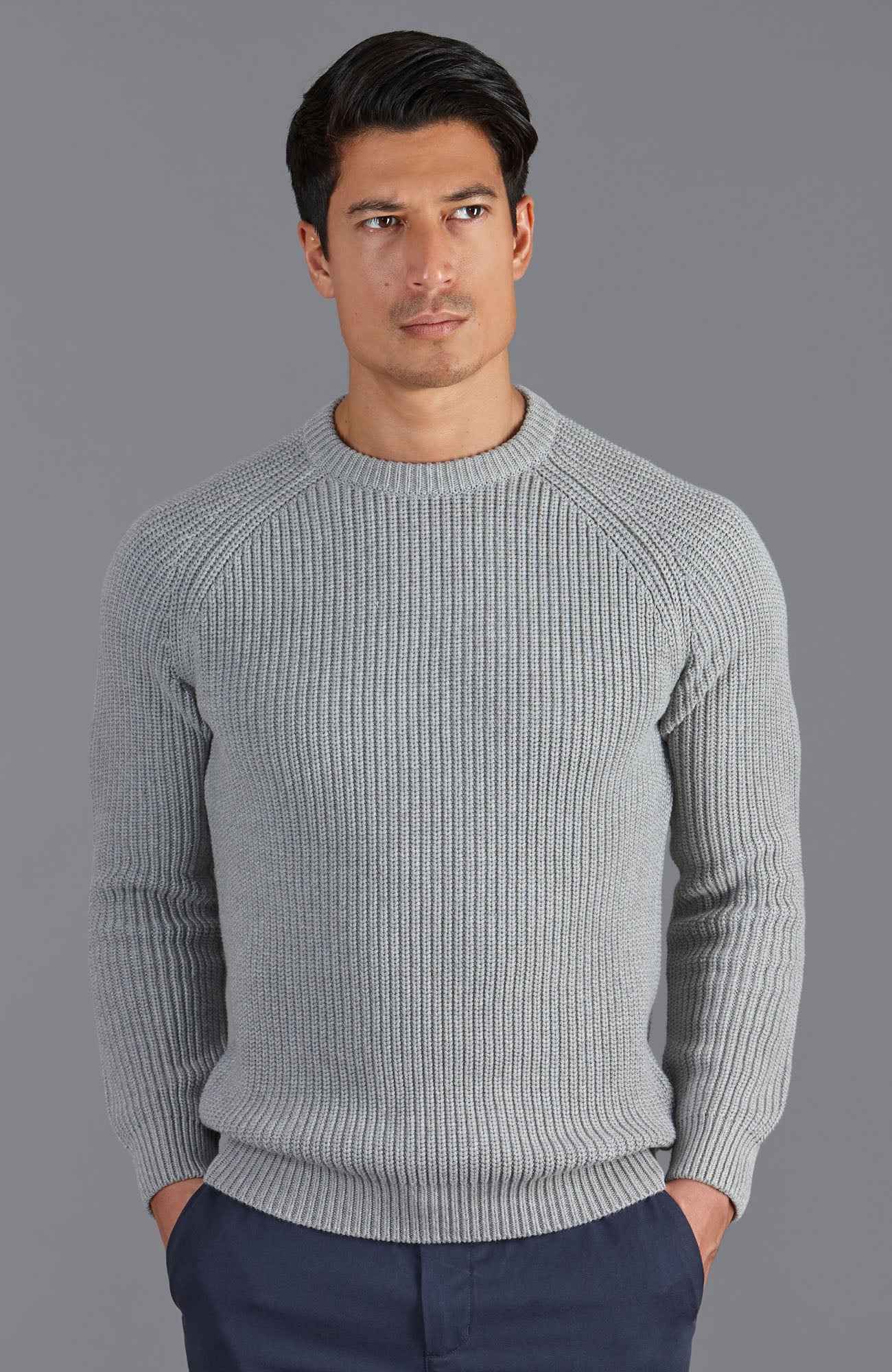 Mens Heavyweight Cotton Clark Fisherman Rib Knit Jumper - Ash Grey 