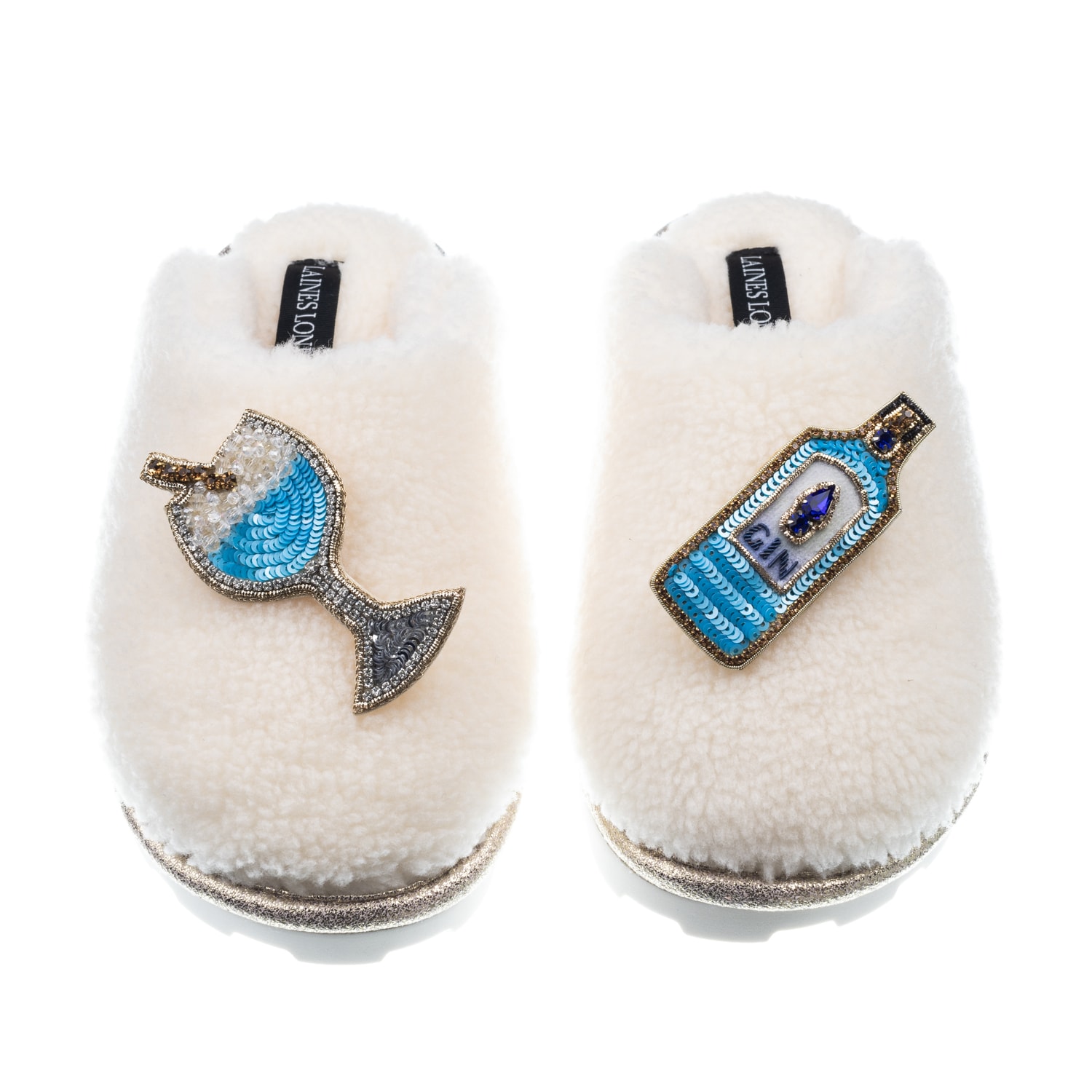 Laines London Women's White Teddy Closed Toe Slippers With Sapphire Gin Brooches - Cream