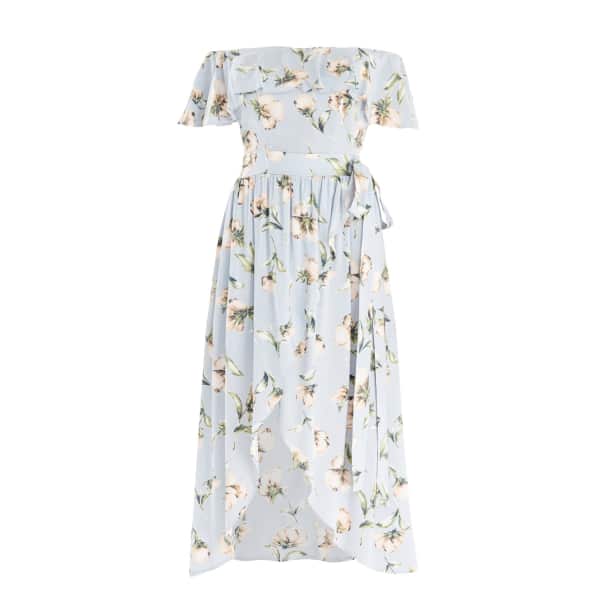 PAISIE Floral Print Bardot Dress With Skirt Overlay & Side Tie