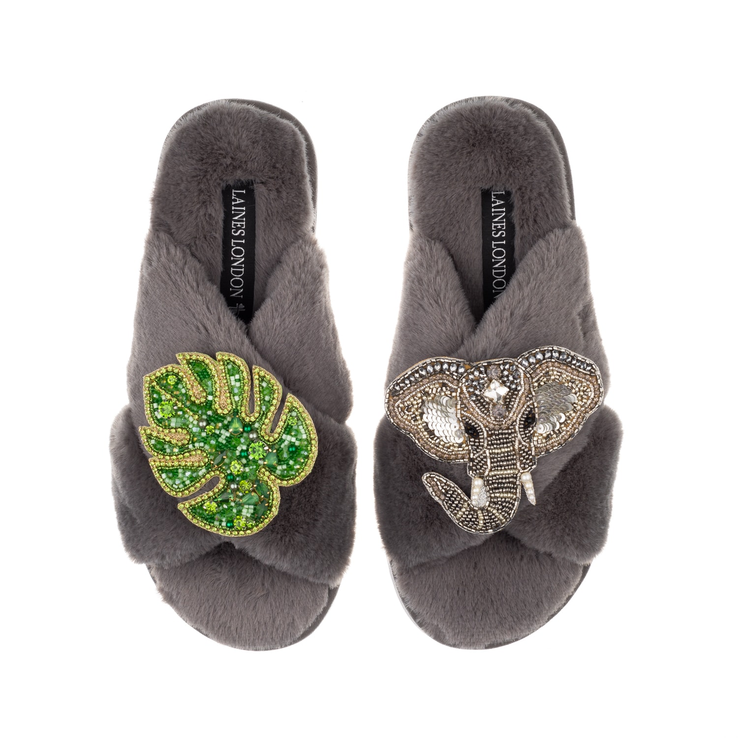 Women’s Classic Laines Slippers With Palm Leaf & Silver Elephant Brooches - Grey Large Laines London