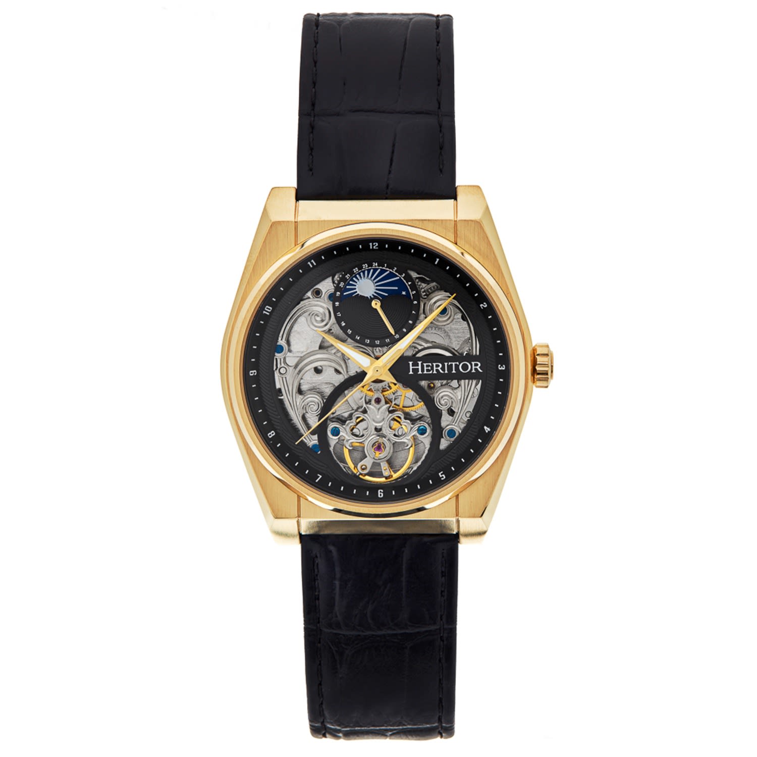 Heritor Automatic Men's Black / Gold Daxton Leather-band Skeleton Watch With Moon Phase - Black, Gold In Black/gold