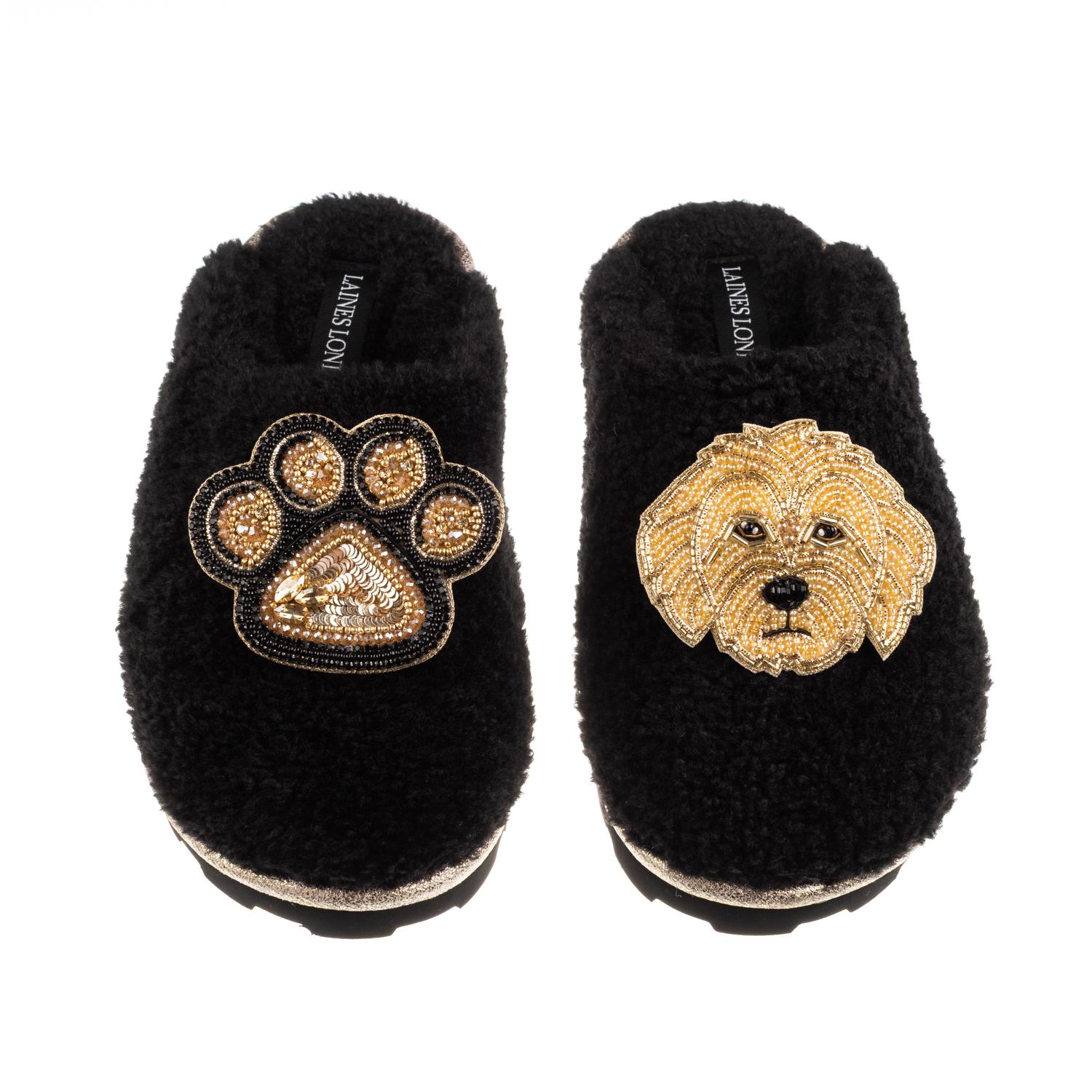 Laines London Women's Teddy Closed Toe Slippers With Paw & Golden Cockapoo Brooches - Black In Black