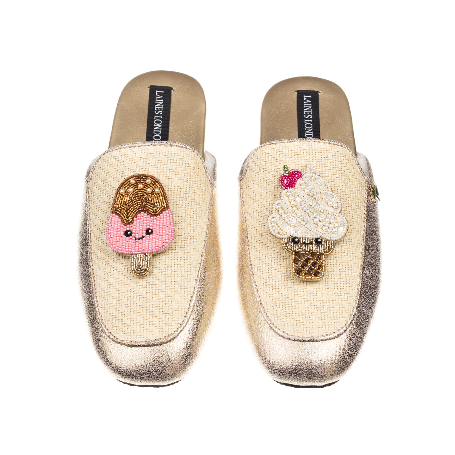 Laines London Women's Gold / Neutrals Classic Mules With Laines Loveables Ice Lolly & Ice Cream Brooches - Cream & In Gold