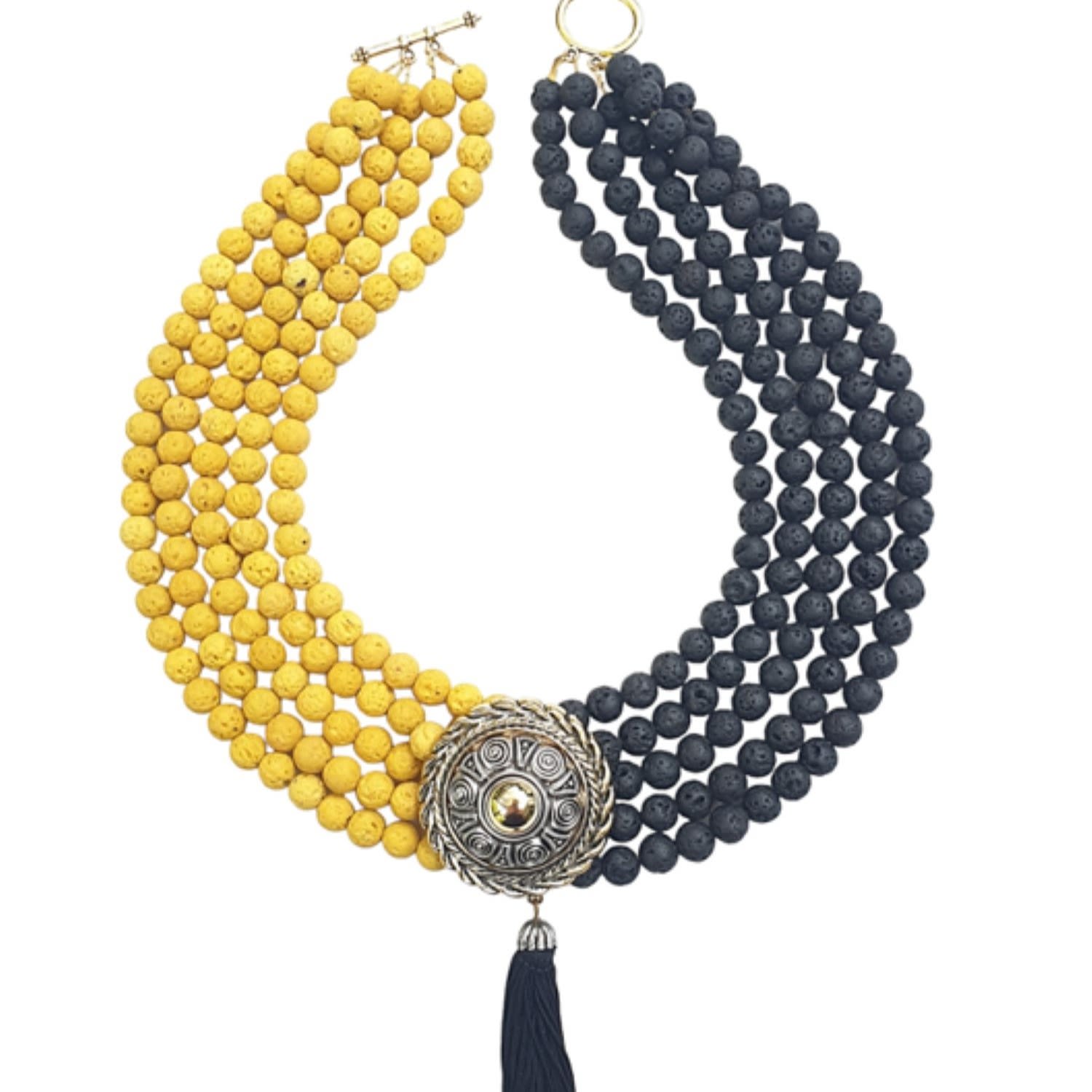 Way To Chic Women's Black / Yellow / Orange Lava Statement Necklace With Antique Light Brooch As Central Pendant