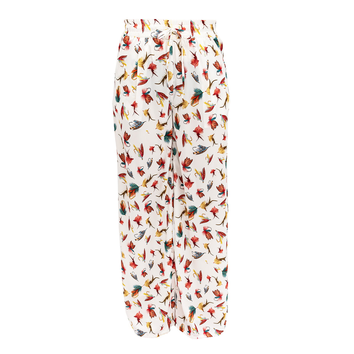 Janara Jones Women's White Fishing Flies Print Satin Wide-leg Trousers In White