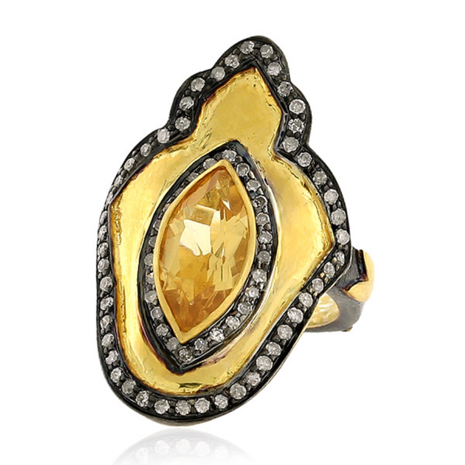 Women’s White / Gold / Yellow Marquise Lemon Quartz & Pave Diamond In 18K Gold With Sterling Silver Indian Ethnic Ring Artisan