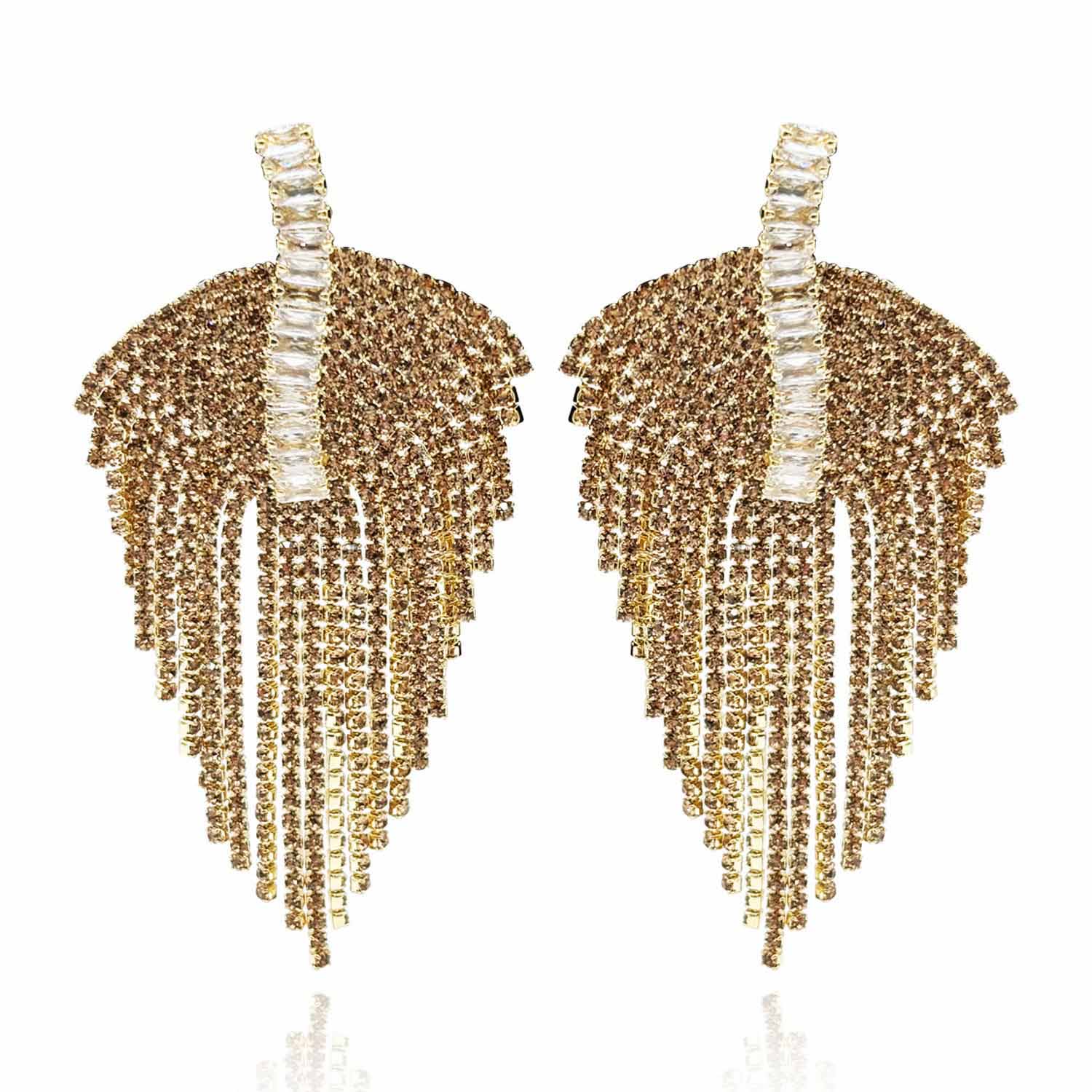 Women’s Gold / Neutrals Deco Style Gold Clip-On Drop Earrings With Crystal And Crystal Baguette Accents Michael Nash Jewelry