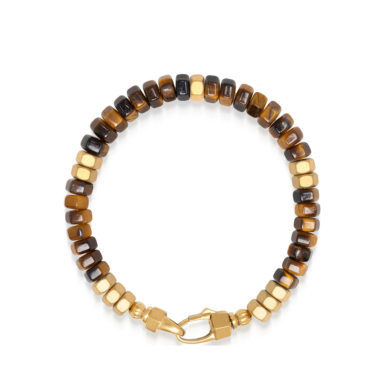 Nialaya Brown / Gold Men's Hexagon Beaded Bracelet With Tiger Eye And Gold