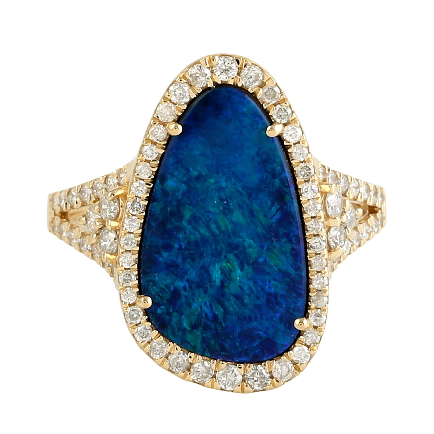 Women’s Gold / White / Blue Natural Diamond & Oval Doublet Opal Gemstone With 18K Gold Handmade Cocktail Ring Artisan