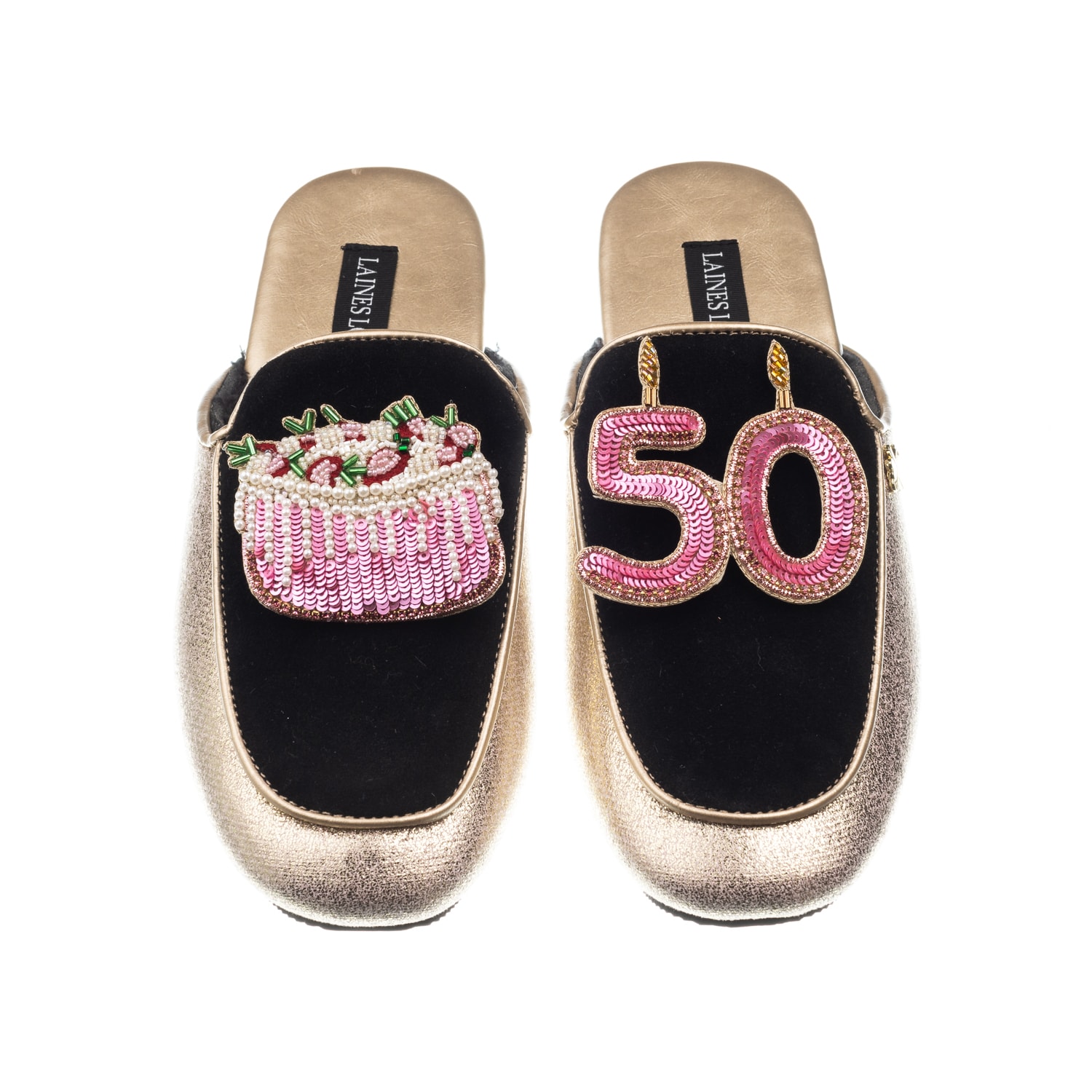 Laines London Women's Black / Gold Classic Mules With 50th Birthday & Cake Brooches - Black & Gold