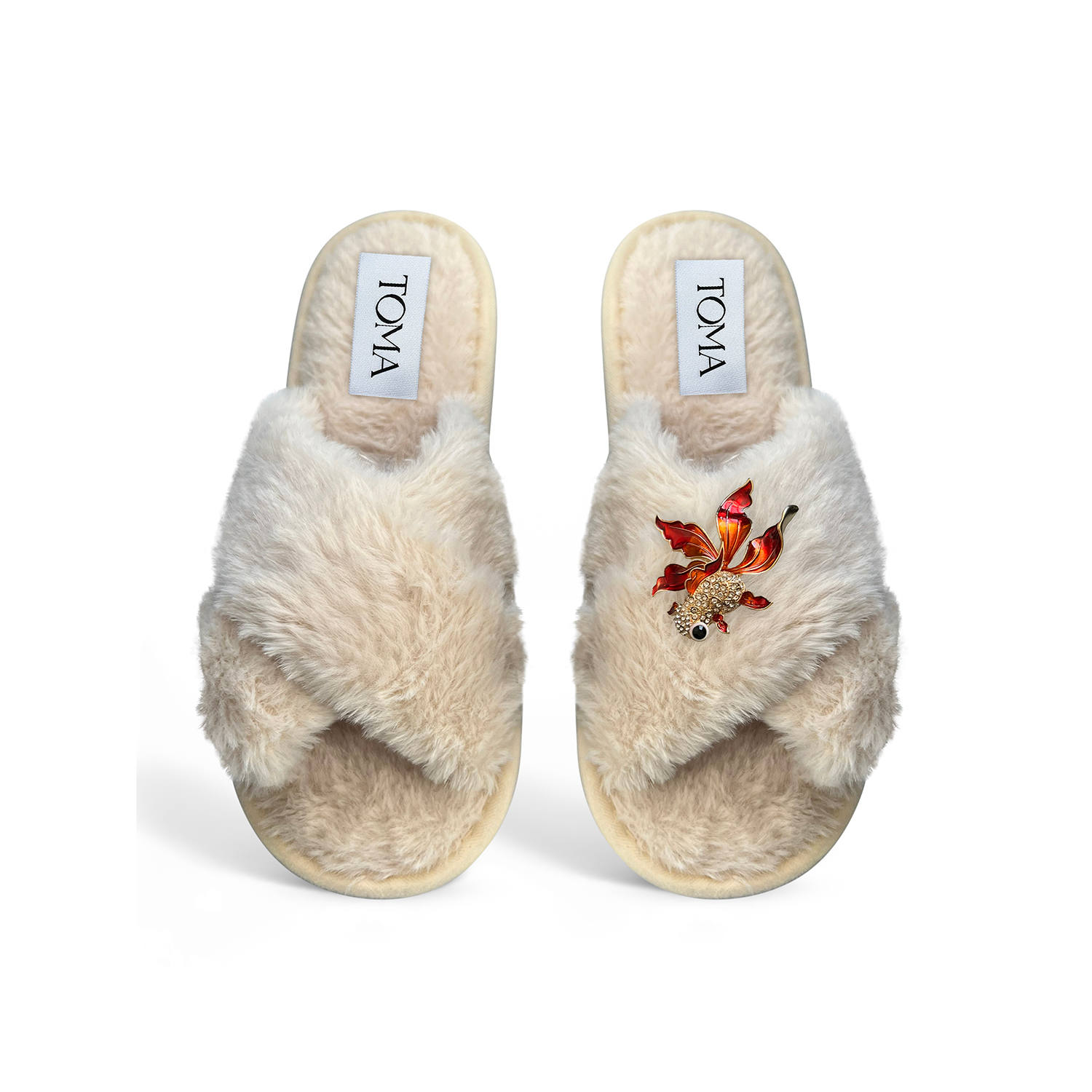 Toma Women's Neutrals Classic  Faux Fur Open Toe Fish Rhinestone Beige Slippers In Neutral