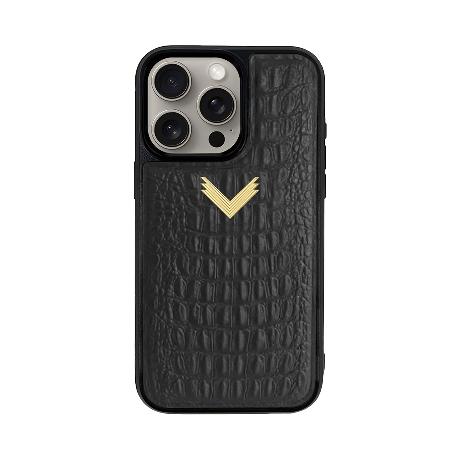 Velante Calf Leather Phone Case, Alligator Texture, Gold - Mystery Black In Black