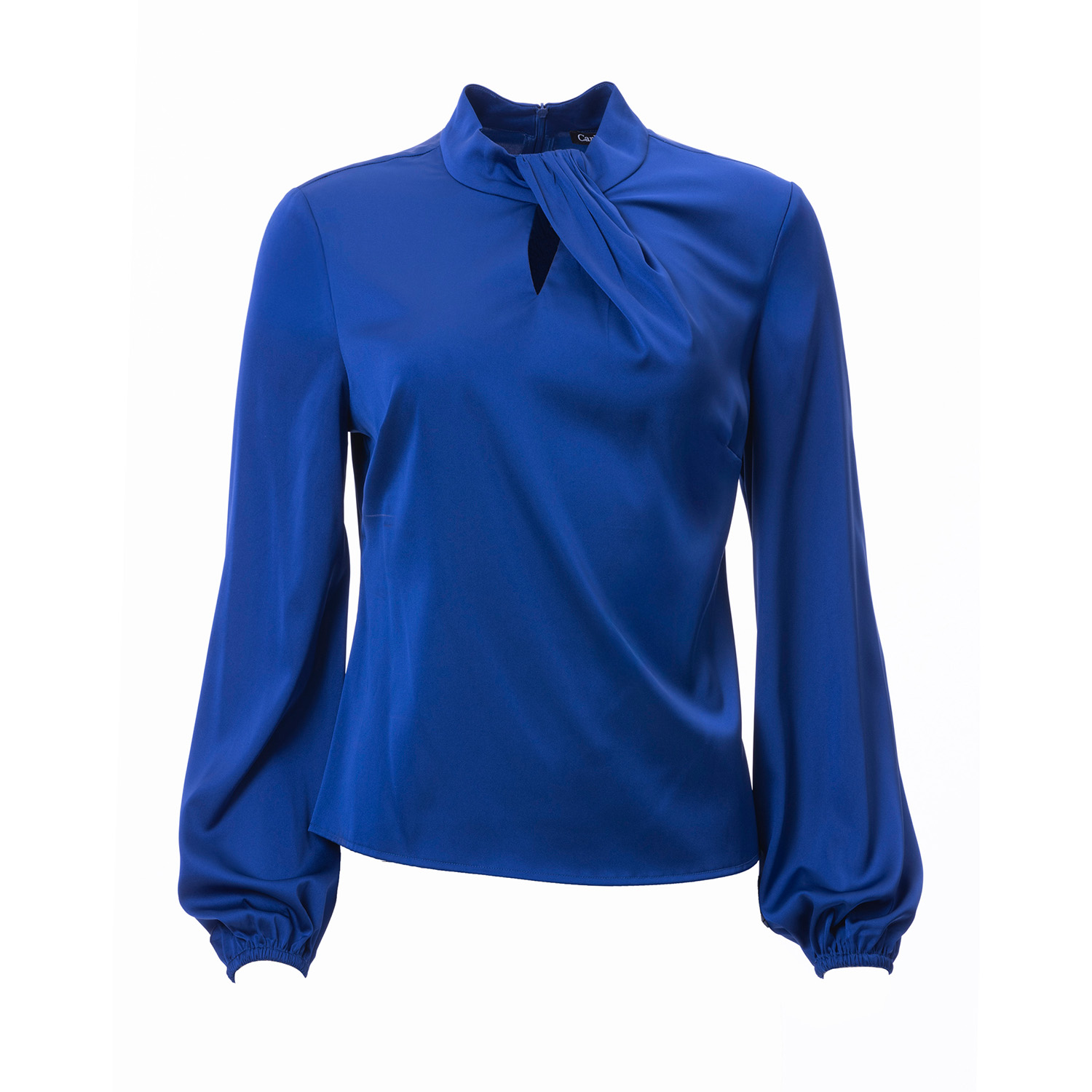 Carloslines Women's Blue Draped Mock Neck Long Sleeve Shirt In Cobalt Solid In Blue