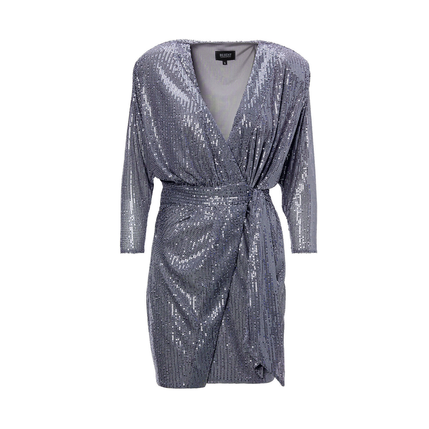 Bluzat Women's Grey Sequin Mini Dress With Draping Detail And Scarf In Grey