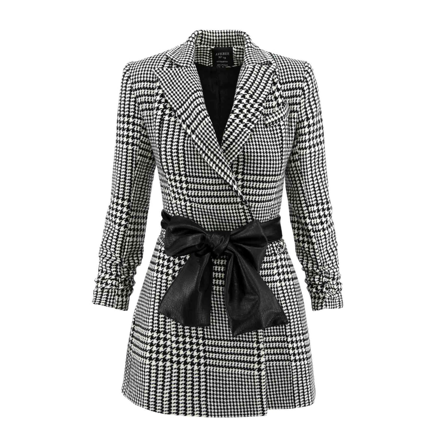 Avenue No.29 Women's Black Houndstooth Wool Blazer Dress With Contrast Belt In Black