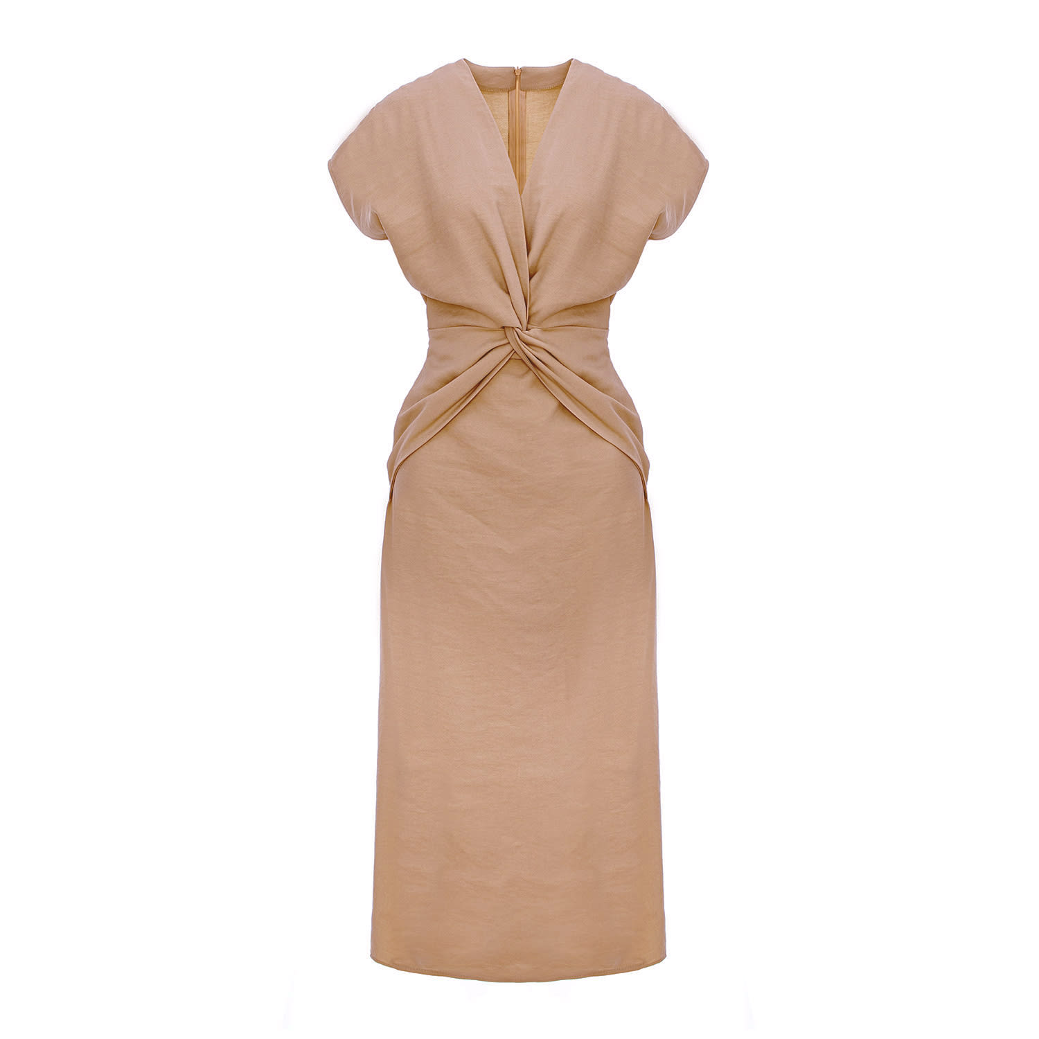 Bluzat Women's Brown Camel Twist-front Midi Dress With Cap Sleeves In Brown