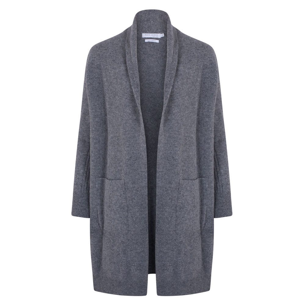 Paul James Knitwear Womens Pure Lambswool Long Line Liberty Cardigan With Pockets - Grey Mix In Grey